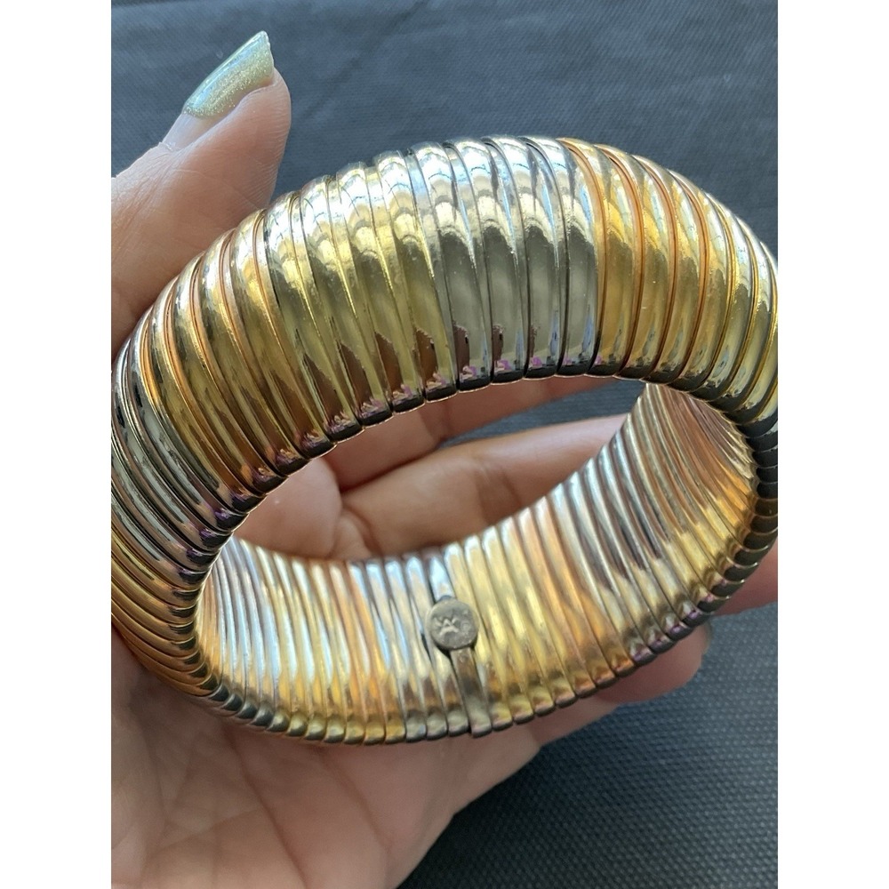 Vintage Ribbed Tri Tone Stretch Bracelet Wide Large Estate Jewelry Signed